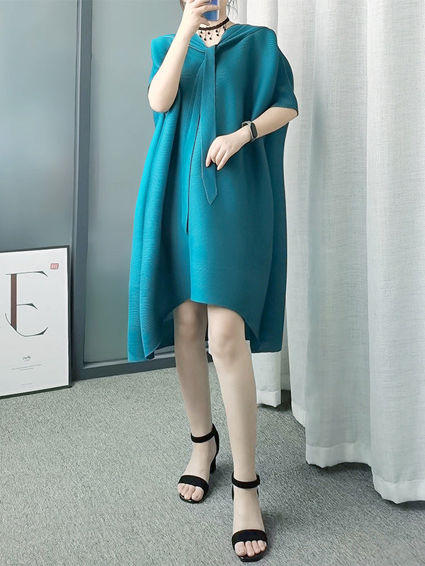 Lace-Up Pleated Batwing Sleeves Loose Hooded Midi Dresses