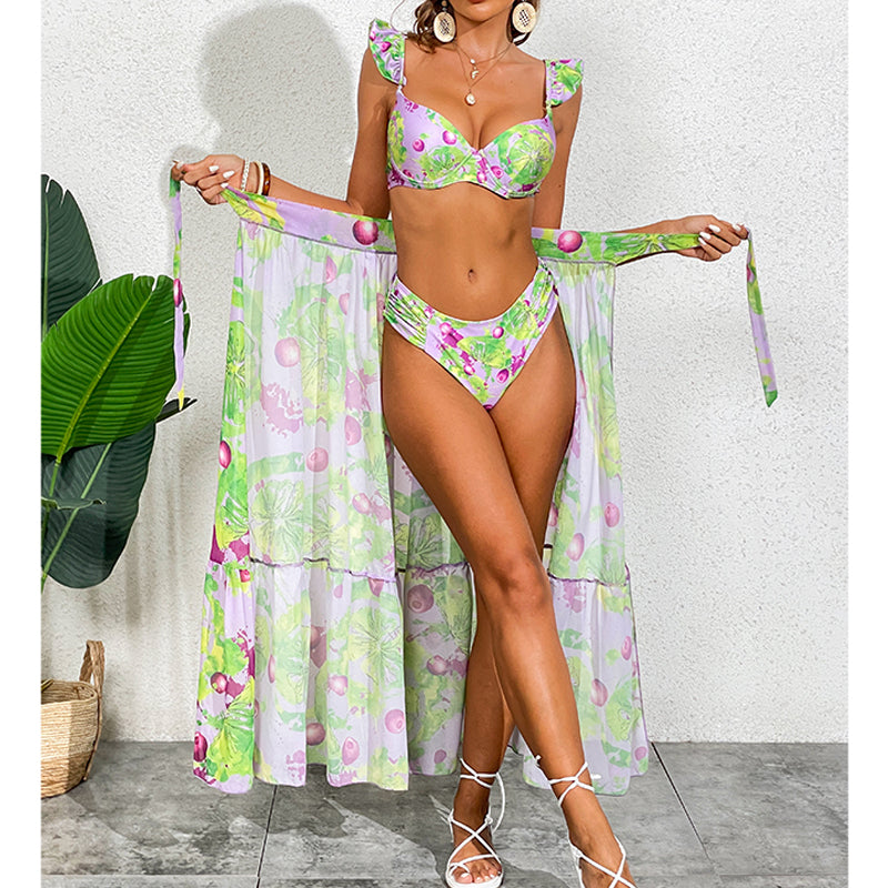 Mini Ruffled Printed Bikini Swimsuit and Skirt Flaxmaker