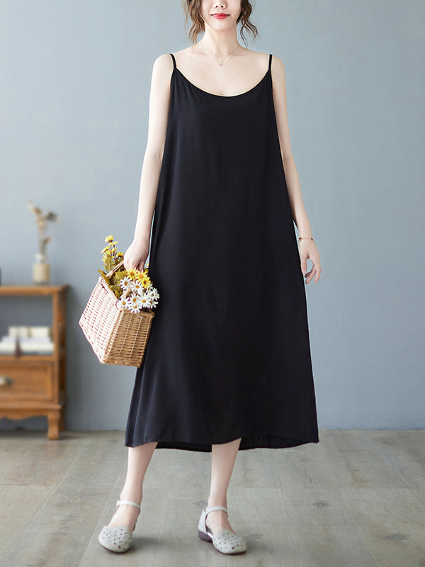 Solid Color Loose Sleeveless Spaghetti-Neck Midi Dresses