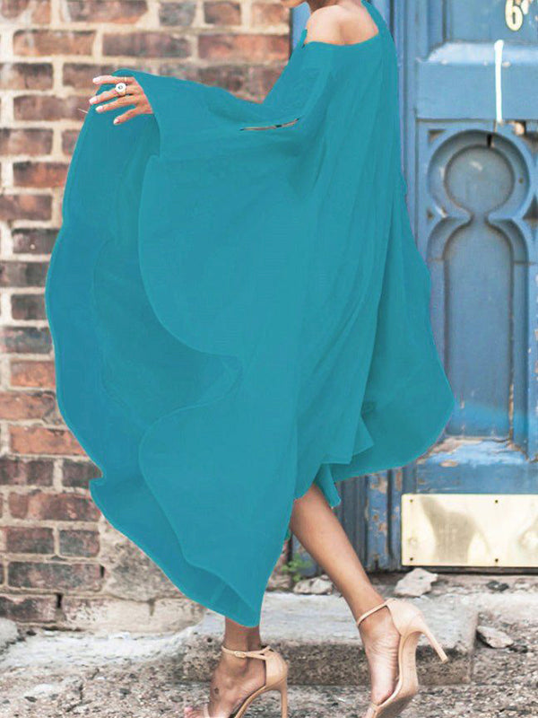 Asymmetric Solid Color Batwing Sleeves Cold shoulder Midi Dresses