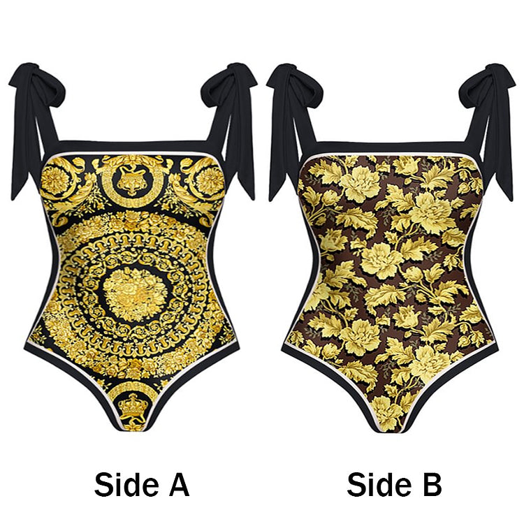 Plus Size Reversible Tie-shoulder One Piece Swimsuit and Sarong(Shipped on Dec 29th)