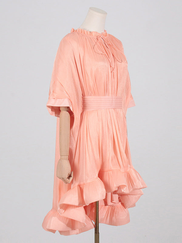 Floral Pleated Split-Joint High-Low Loose Stand Collar Mini Dresses