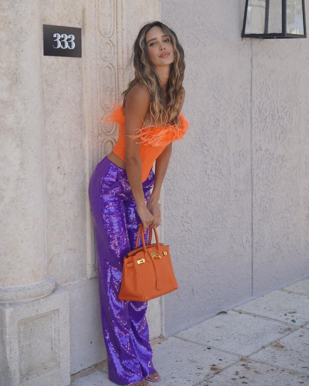 Bandeau Feather Color Block Sequins Two Piece Set