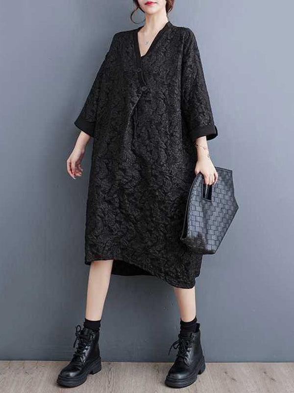 Asymmetric Buttoned Jacquard A-line Half Sleeves V-neck Midi Dresses