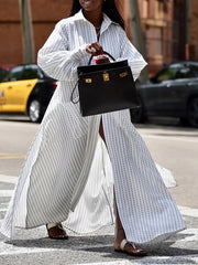 Buttoned Split-side Striped Long Sleeves Loose Lapel Shirt Dress Maxi Dresses