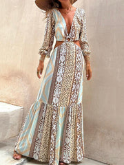 Flower Printed Asymmetry Long Sleeves Bohemia Maxi Dresses