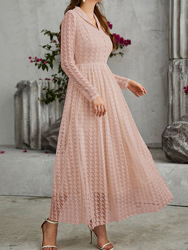 Buttoned Gauze See-Through Solid Color High Waisted Long Sleeves V-Neck Maxi Dresses