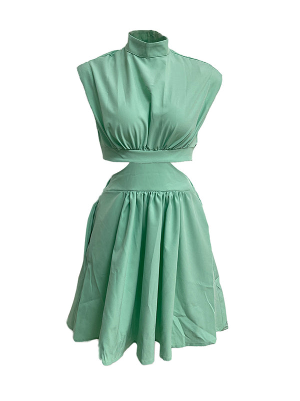 Belly-Hollow Pleated Solid Color Skinny Stand Collar Mini Dresses