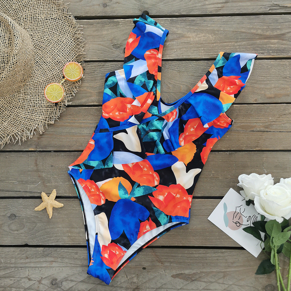 Ruffle V Neck Printed One Piece Swimsuit