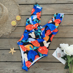 Ruffle V Neck Printed One Piece Swimsuit