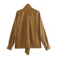 Flaxmaker Retro Geometric Print Tie Neck Shirt Two Piece Pants Set