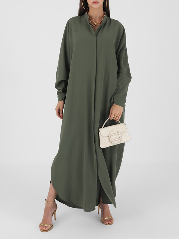 Buttoned Muslim Solid Color Split-Side Batwing Sleeves Loose Round-Neck Muslim Abaya Maxi Dresses