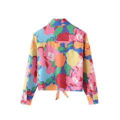 Bandage Bowknot Design Blossom Printed  Shirt
