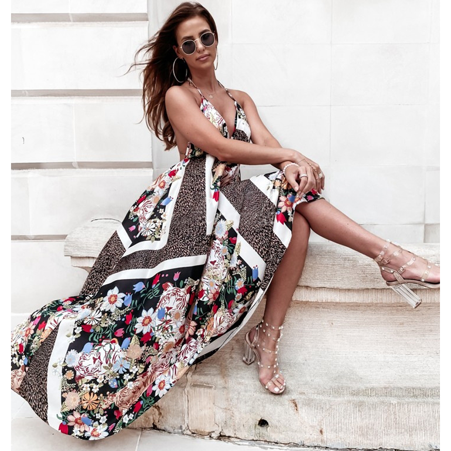 V Neck Blossom Printed  Backless Sling Dress