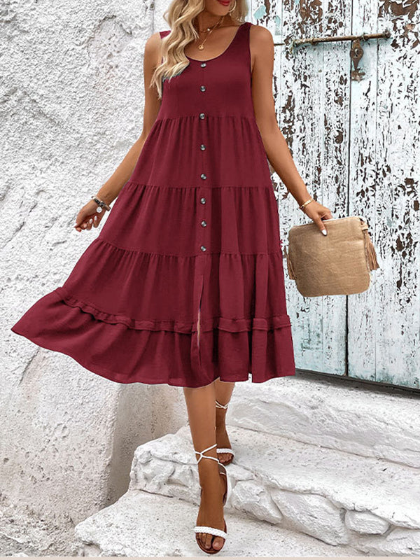 Buttoned Solid Color Tiered Loose Sleeveless Round-neck Midi Dresses