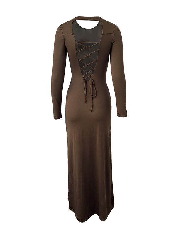 Backless Hollow Solid Color Split-Side Bodycon Long Sleeves Round-Neck Maxi Dresses