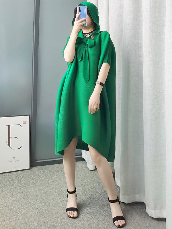 Lace-Up Pleated Batwing Sleeves Loose Hooded Midi Dresses