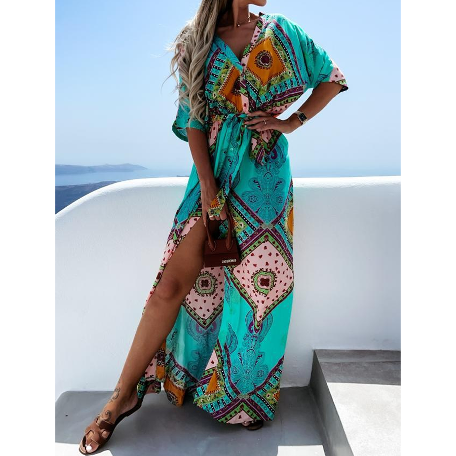 V Neck Ethnic Style Vintage Printed Waist Dress
