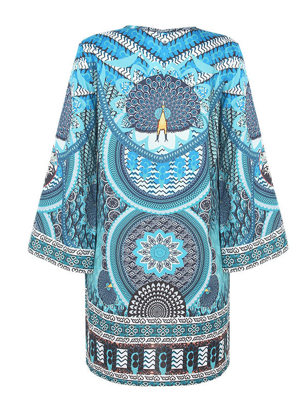 Printed Split-Joint A-Line Flared Sleeves V-Neck Mini Dresses