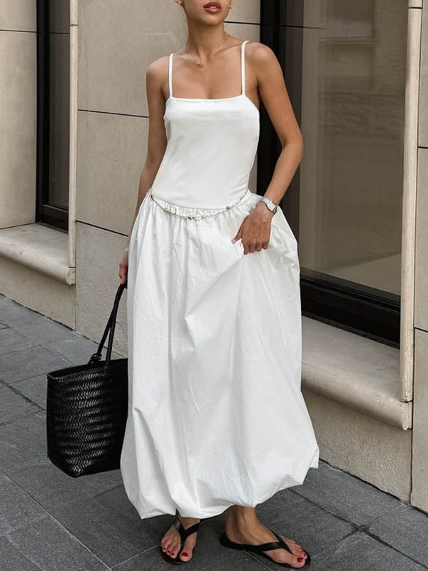 Pleated Solid Color Split-Joint Loose Sleeveless Spaghetti-Neck Midi Dresses