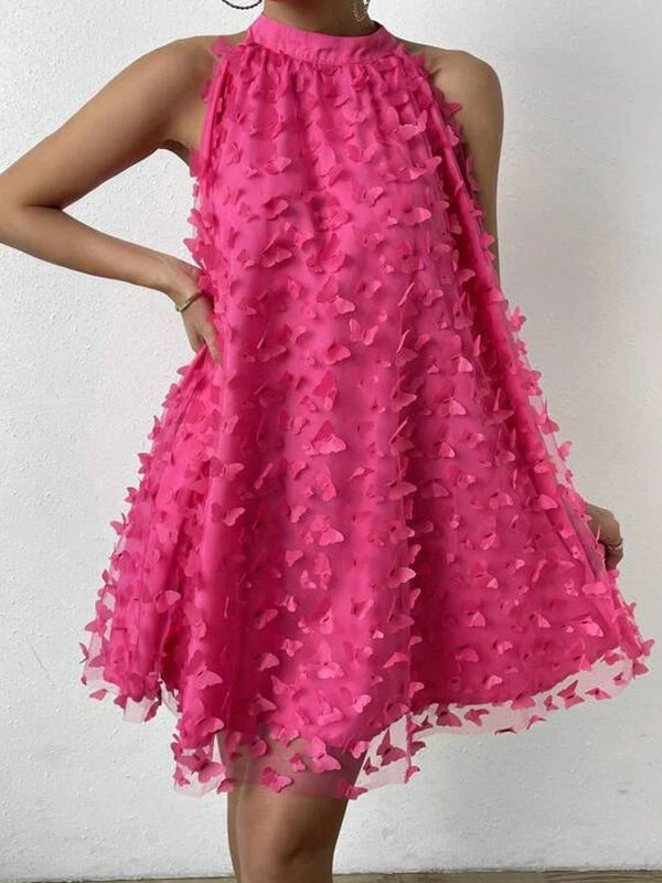 Jacquard Pleated Solid Color Split-Joint Loose Sleeveless Stand Collar Mini Dresses