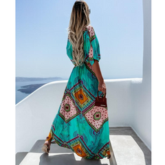 V Neck Ethnic Style Vintage Printed Waist Dress