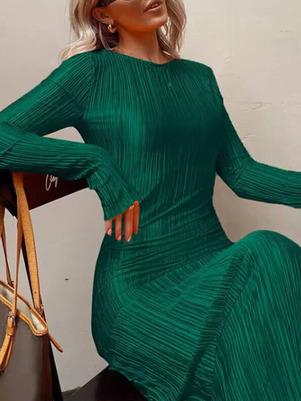 Pleated Solid Color Split-Joint Long Sleeves Skinny Round-Neck Maxi Dresses