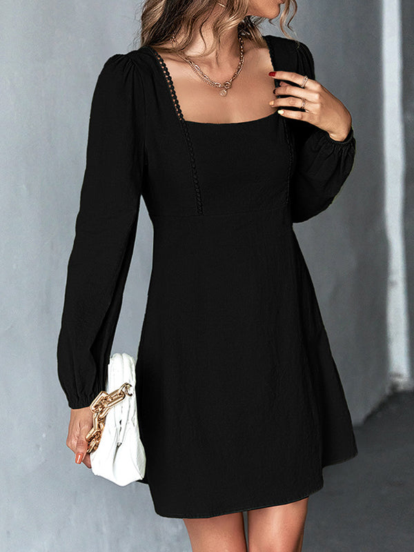 Solid Color Split-Joint A-Line High Waisted Square-Neck Mini Dresses