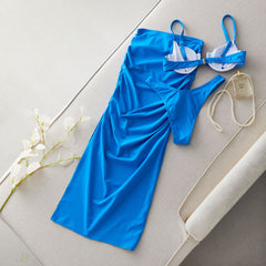 Bowknot Decor Blue Bikini Swimsuit and Sarong