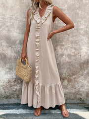 Pleated Ruffle Trim Solid Color A-Line Loose V-Neck Maxi Dresses