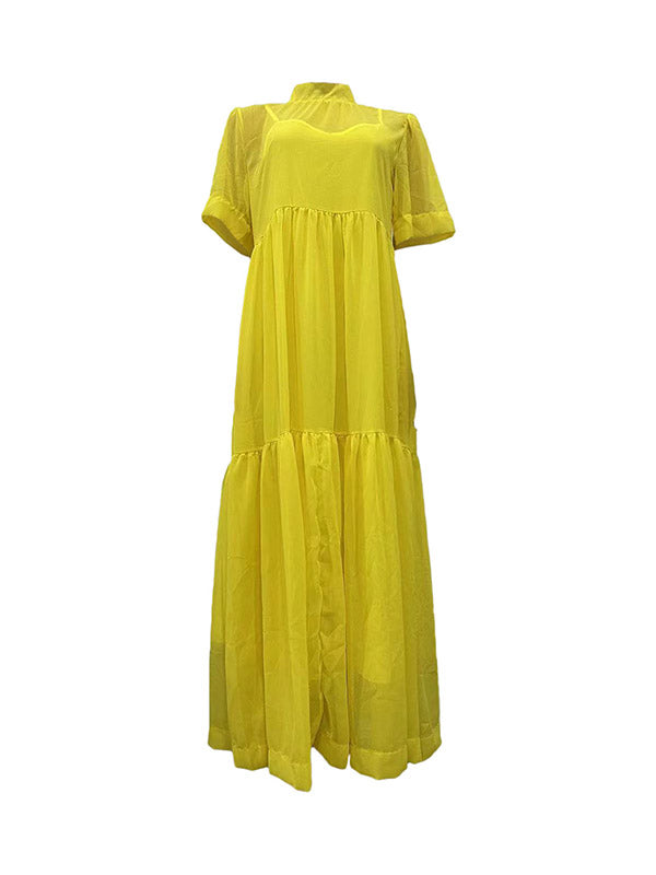 Solid Color Loose Plus Size Split-Joint Inner Dress + Mock Neck Mesh Pleated Outer Dress Two Pieces Set