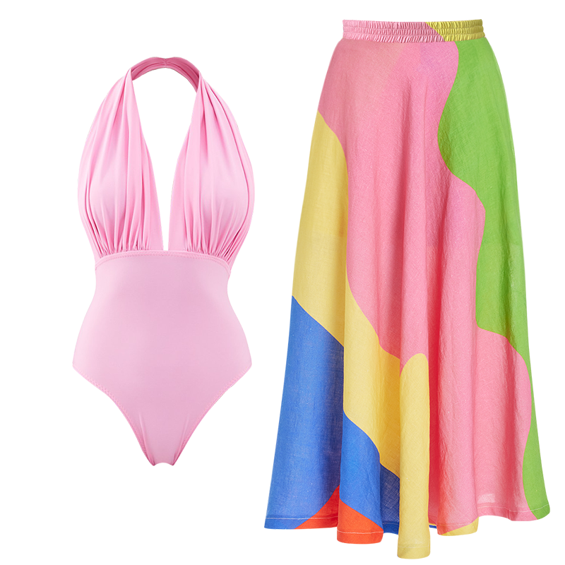 Halter V Neck One Piece Swimsuit and Skirt Flaxmaker
