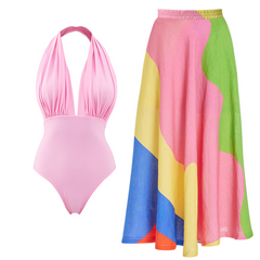 Halter V Neck One Piece Swimsuit and Skirt Flaxmaker