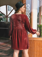 Vacation A-Line Puff Sleeves Solid Color V-Neck Mini Dresses