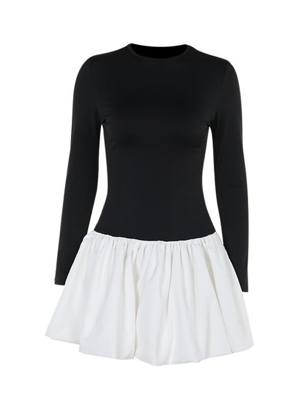 Contrast Color Pleated Split-Joint Long Sleeves Skinny Round-Neck Mini Dresses