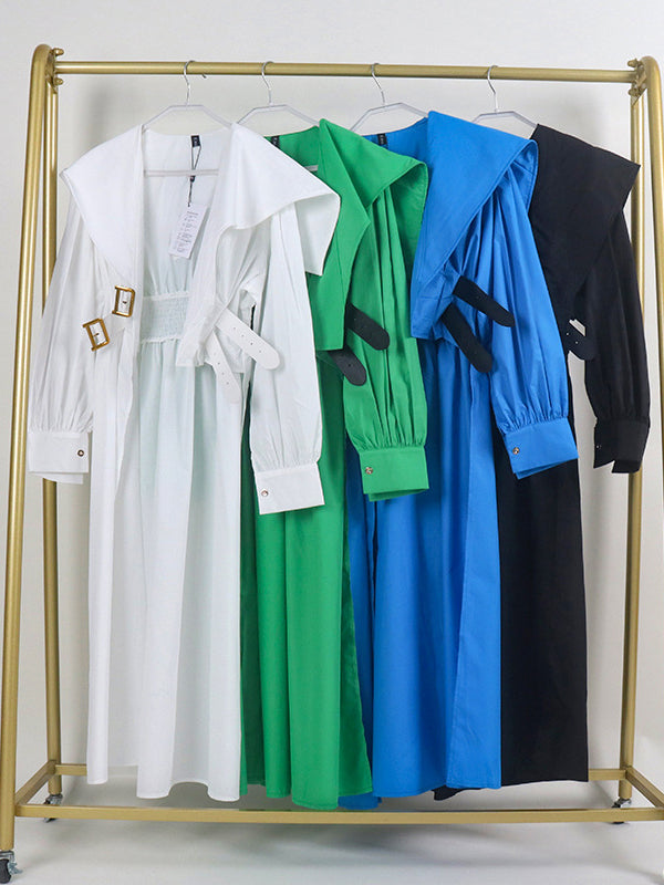Asymmetric Belted Pleated Solid Color High Waisted Long Sleeves Lapel Midi Dresses