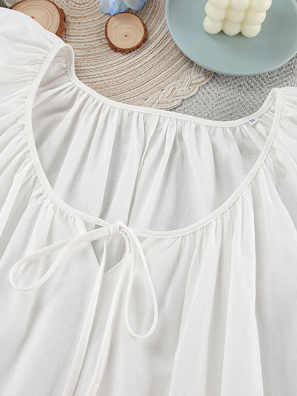 Lace-Up Pleated See-Through Solid Color Loose Puff Sleeves V-Neck Sleep Dress Mini Dresses