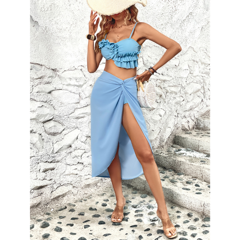 Ruffle Detail High Waist Bikini Swimsuit and Sarong Flaxmaker