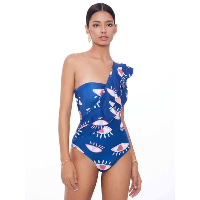 One Shoulder Ruffle Eye Print One Piece Swimsuit and Skirt Flaxmaker