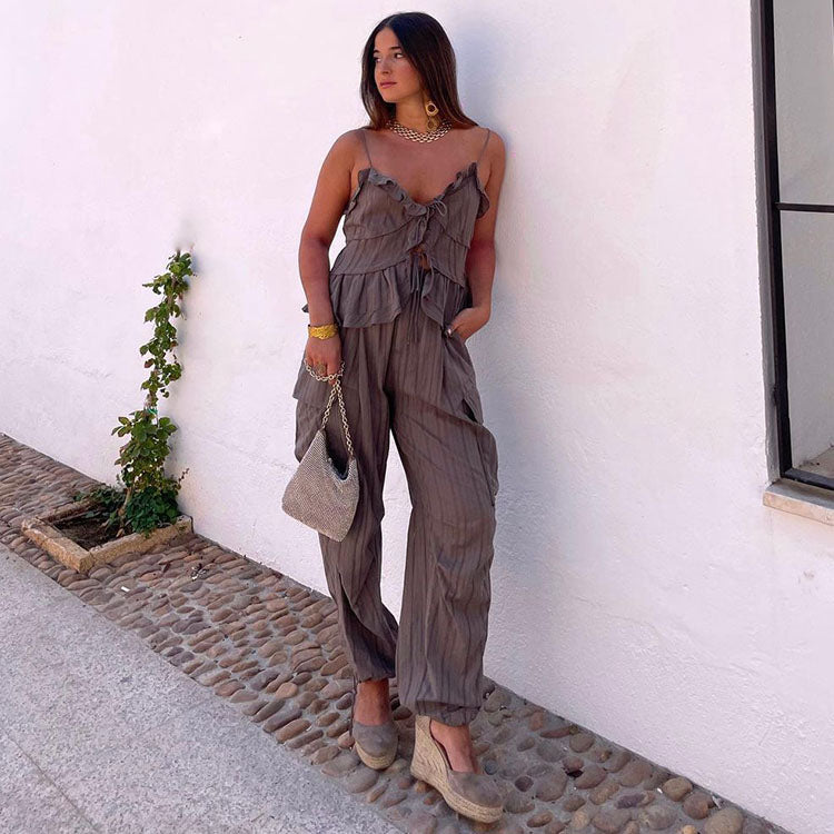 Lace Solid Color Sling Cami and Pants Set