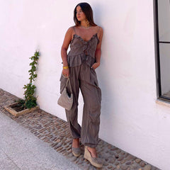 Lace Solid Color Sling Cami and Pants Set