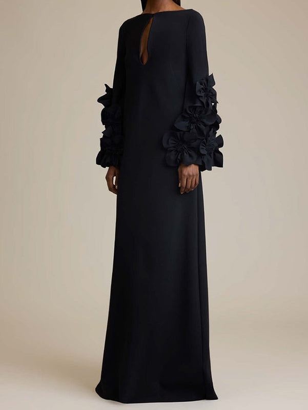 Hollow Solid Color Split-Joint Long Sleeves Loose Round-Neck Maxi Dresses Evening Dresses