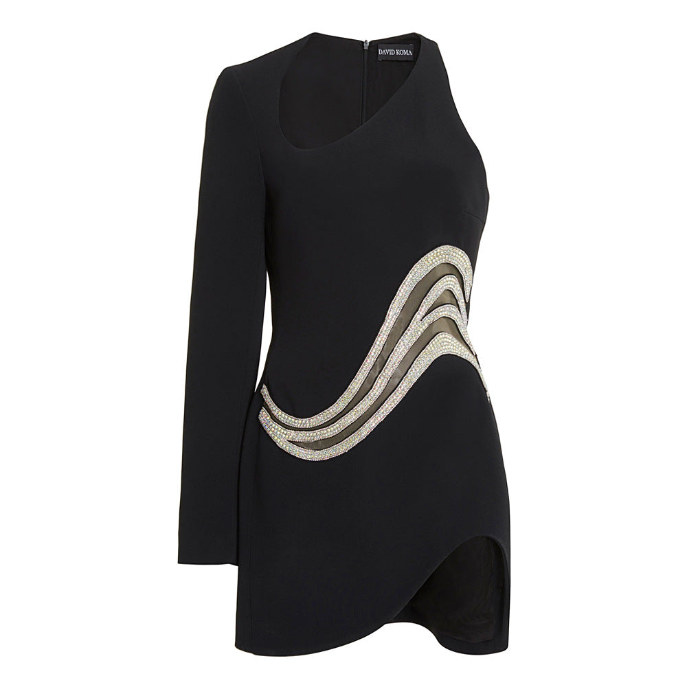 Irregular Cutout Rhinestone Mini Dress