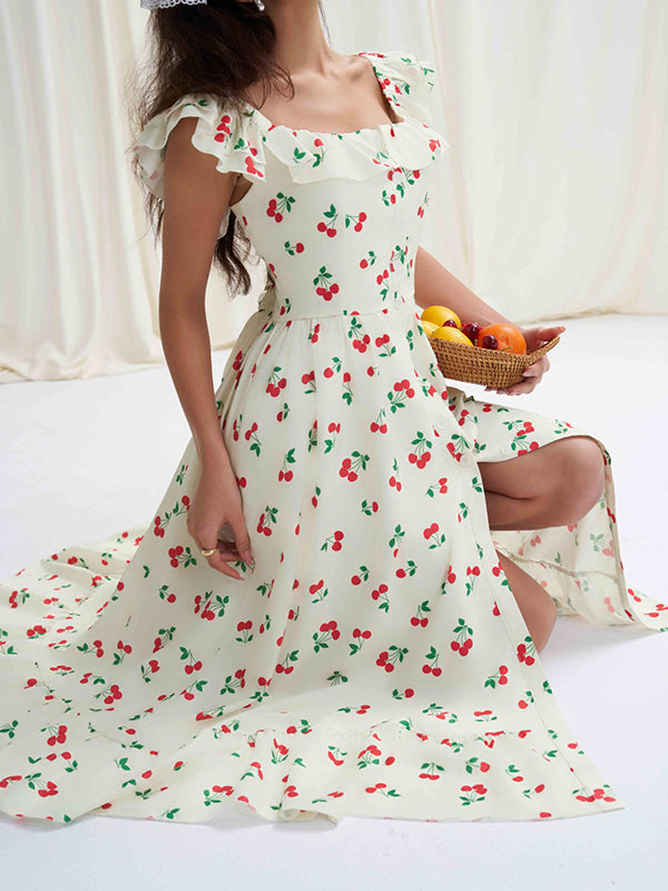 Buttoned Elasticity Flower Print Pleated High Waisted Loose Square-neck Midi Dresses