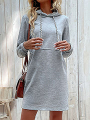 Drawstring Pockets A-line Long Sleeves Hooded Mini Dresses Hoodies Tops