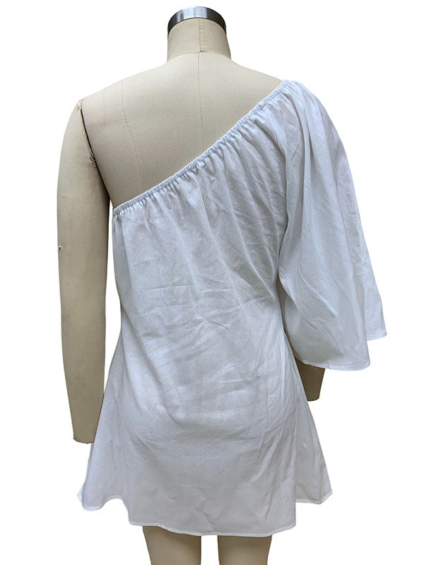 Asymmetric Elasticity Solid Color Loose Three-Quarter Sleeves One-Shoulder Mini Dresses