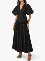 Solid Color Puff Sleeves Pleated High-Waisted Elegant Maxi Dresses