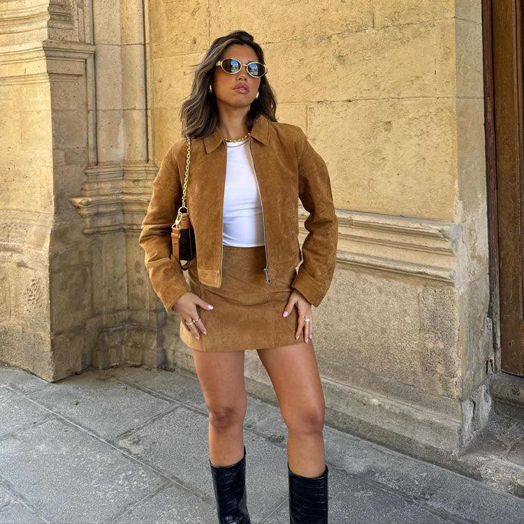 Fashion Suede Jacket and Skirt