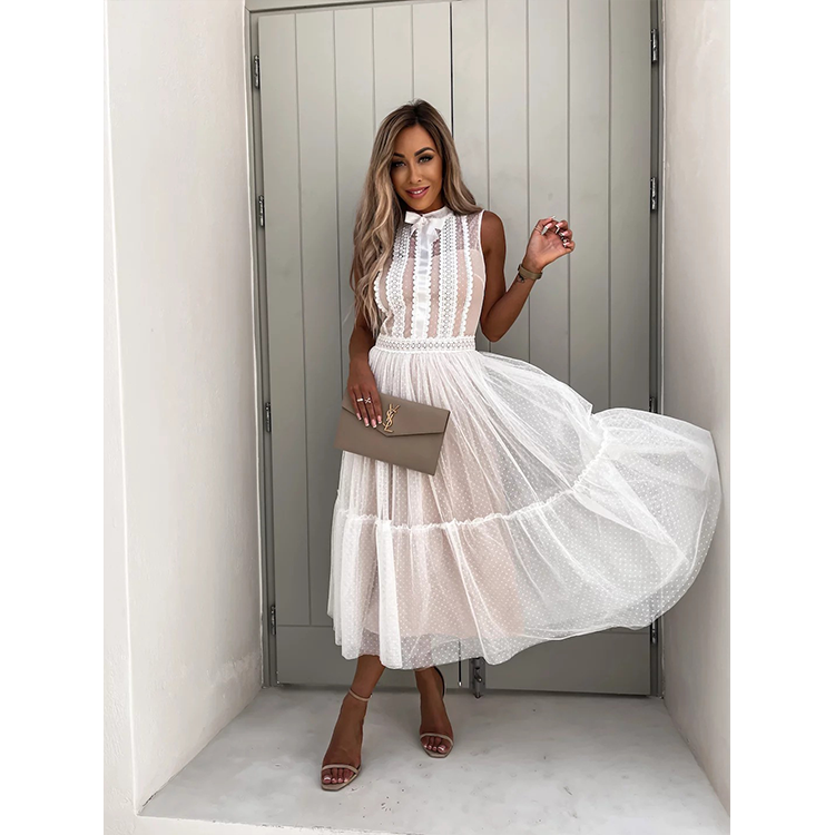 Stand Collar Lace Midi Dress