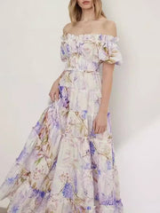 Flower Printed Short Sleeves One Shoulder Bohemia Maxi Dresses